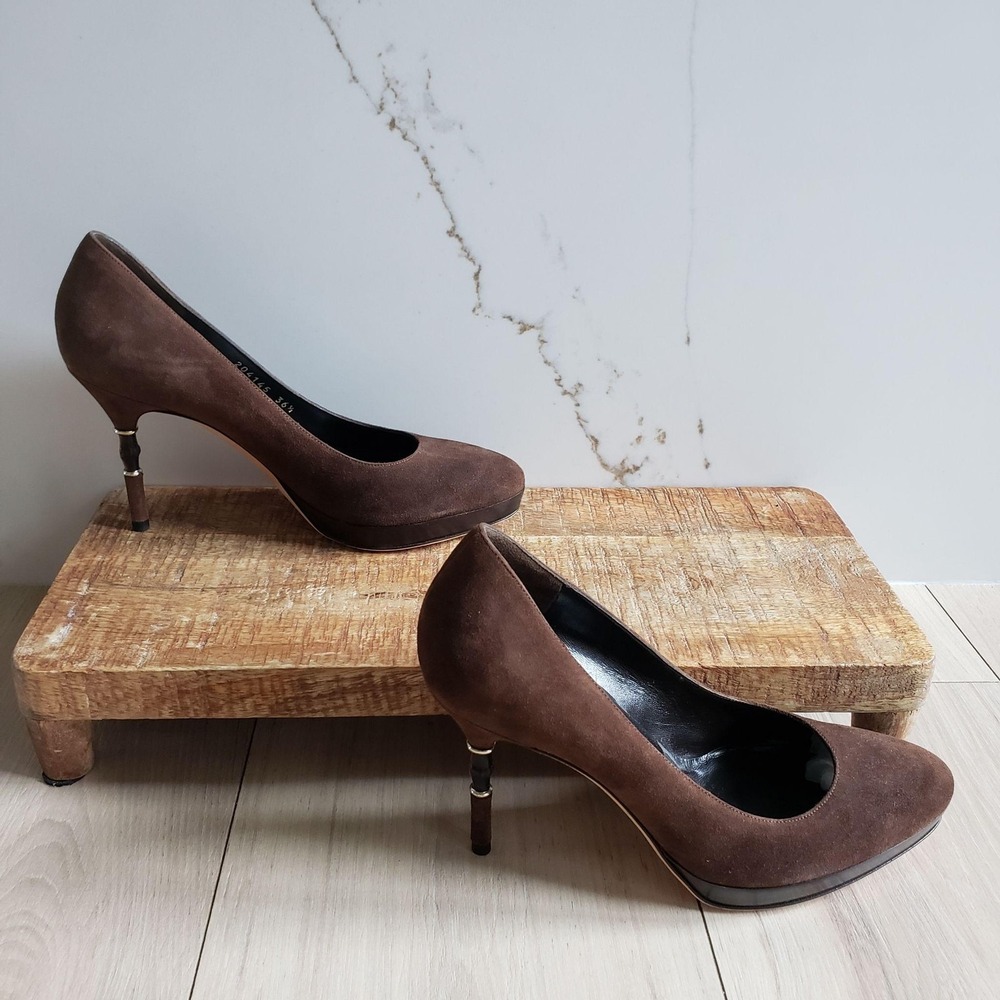 Gucci Pumps Womens 36.5 Brown Suede Bamboo Stiletto Heel Made In Italy 204145